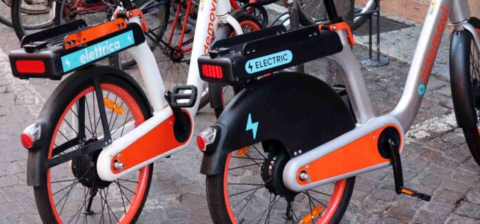 Bologna – Italy - August 13, 2022: Electric bicycles for publi